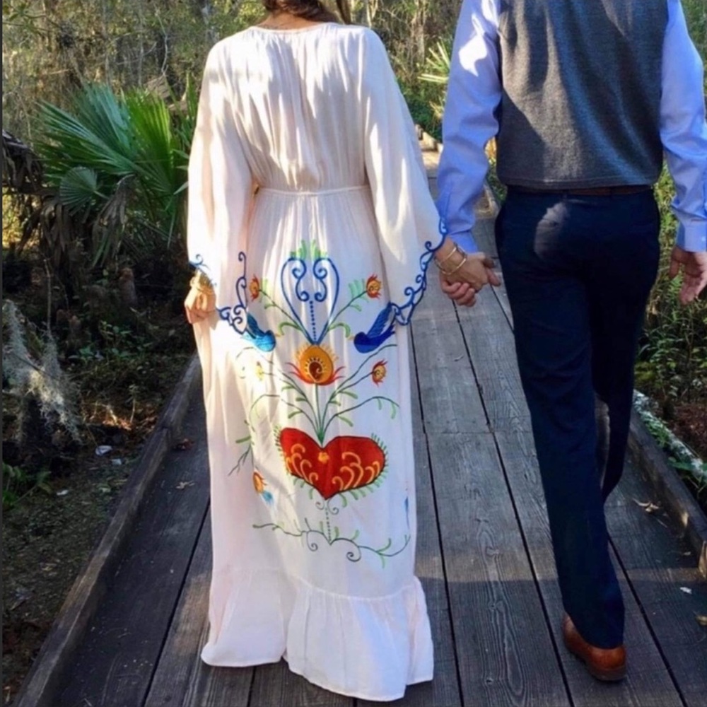 Bohemian Embroidered Hearts Magic Long Maxi Gown In White, 5 Star ⭐️ Fav Duster - Picture 6 of 15